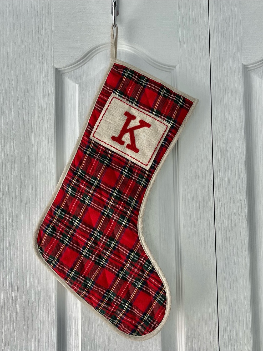 Domain Christmas Stocking Red Plaid With Letter “K” Excellent Condition 16”
